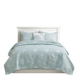 4 Piece Cotton Reversible Embroidered Quilt Set with Throw Pillow